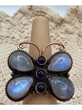 Artisan Whimsical Butterfly Moonstone Amethyst Statement Ring Copper Adjust gift